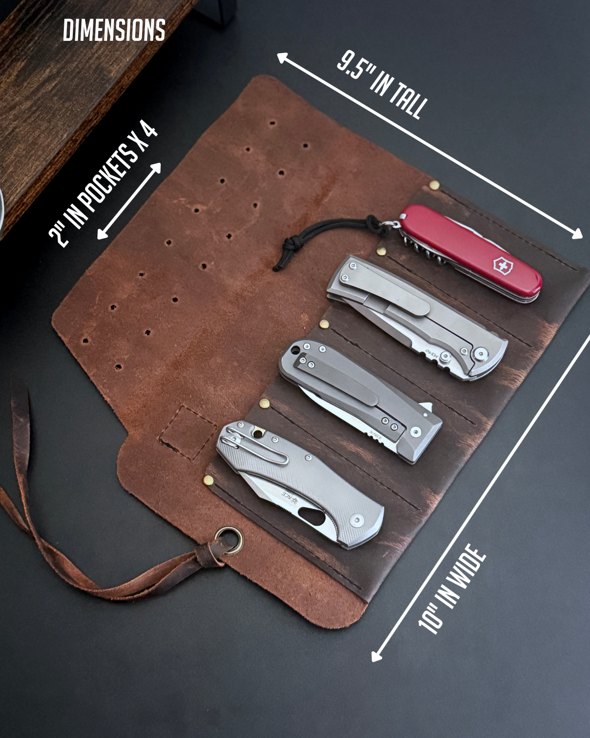 LEATHER KNIFE & TOOL ROLL 4 SLOTS (CRAZY HORSE BROWN)